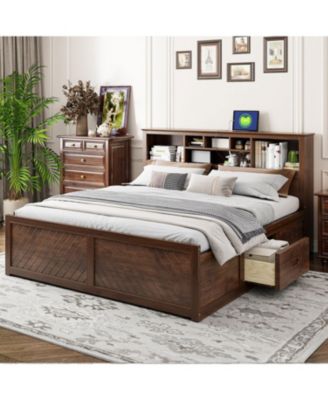 Wood Platform Bed with Multi-storage Headboard, USB and Drawers