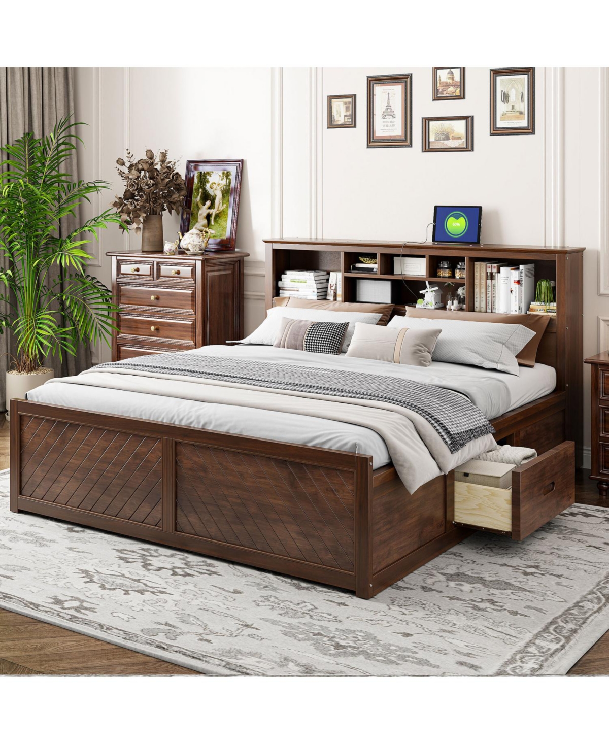 Streamdale Furniture Wood Platform Bed with Multi-storage Headboard, Usb and Drawers