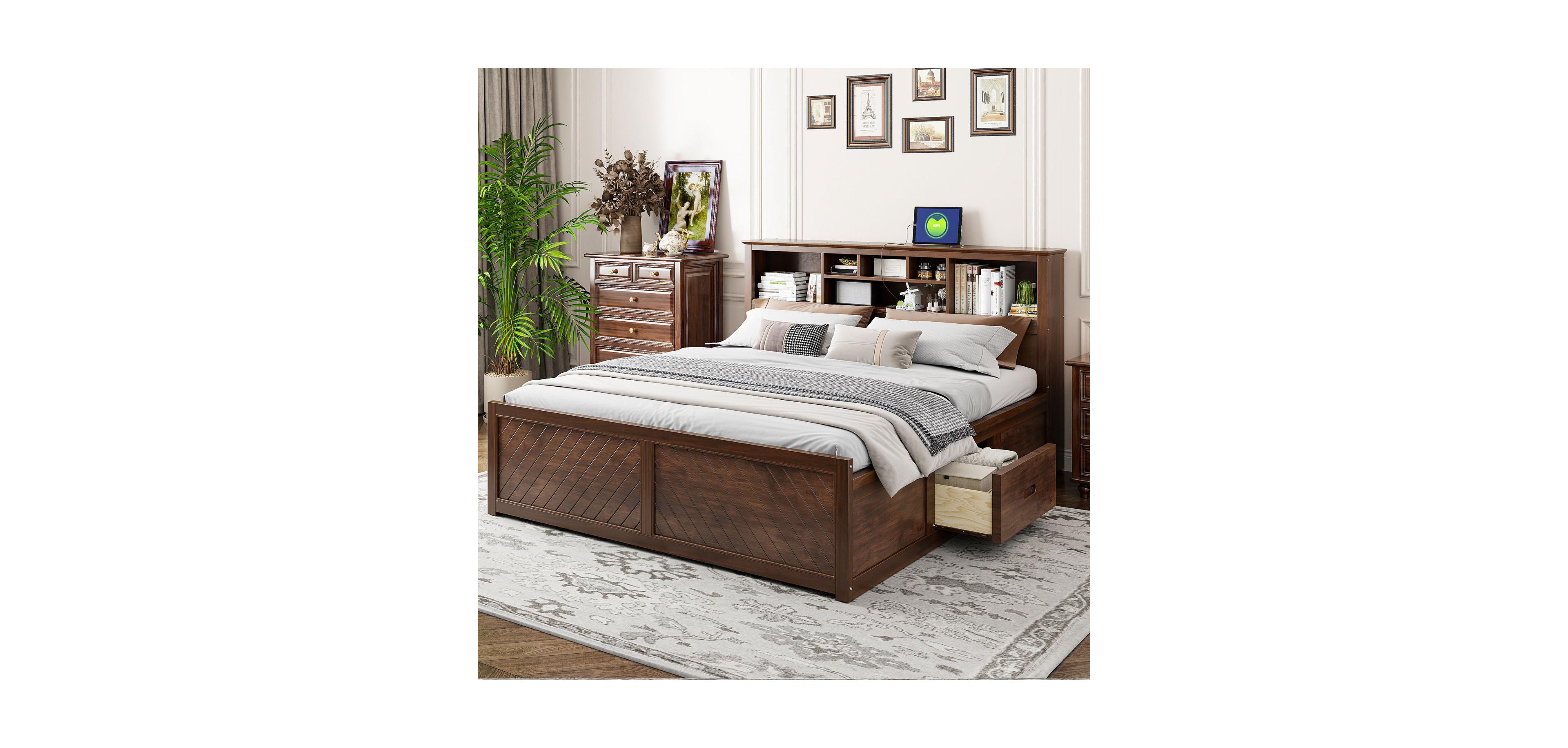 Streamdale Furniture Wood Platform Bed with Multi-storage Headboard, Usb and Drawers