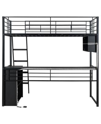Metal Loft Bed with LED, Desk and 4 Storage Shelves,