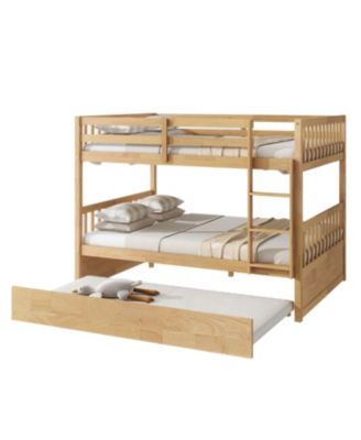 Rubber Wood Full/Full Bunk Bed with Trundle and Guardrails, Convertible to 2 Beds