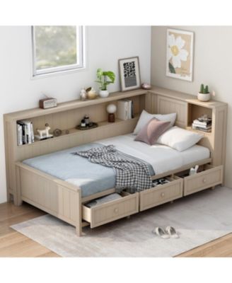 Twin Size Wood Daybed with Storage Shelves and 3 Drawers, Antique