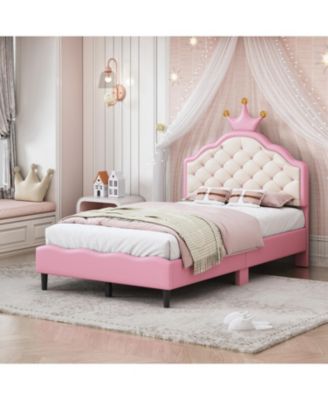 Twin Size Lovely Crown Fantasy PU Leather Princess Bed with Tufted Headboard, Pink+Cream