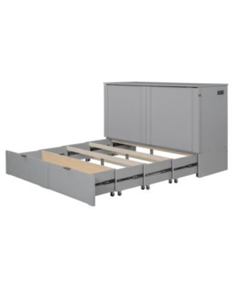 Queen Size Murphy Bed with drawer and a set of Sockets & USB Ports, Pulley Structure Design, Gray