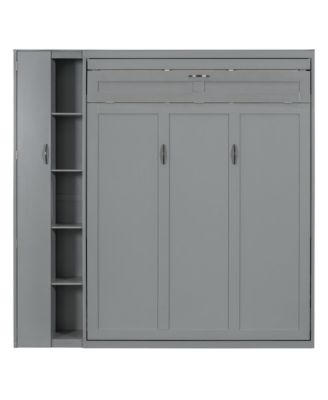 Queen Size Murphy Bed Wall Bed with Shelves, Wardrobe and LED Lights