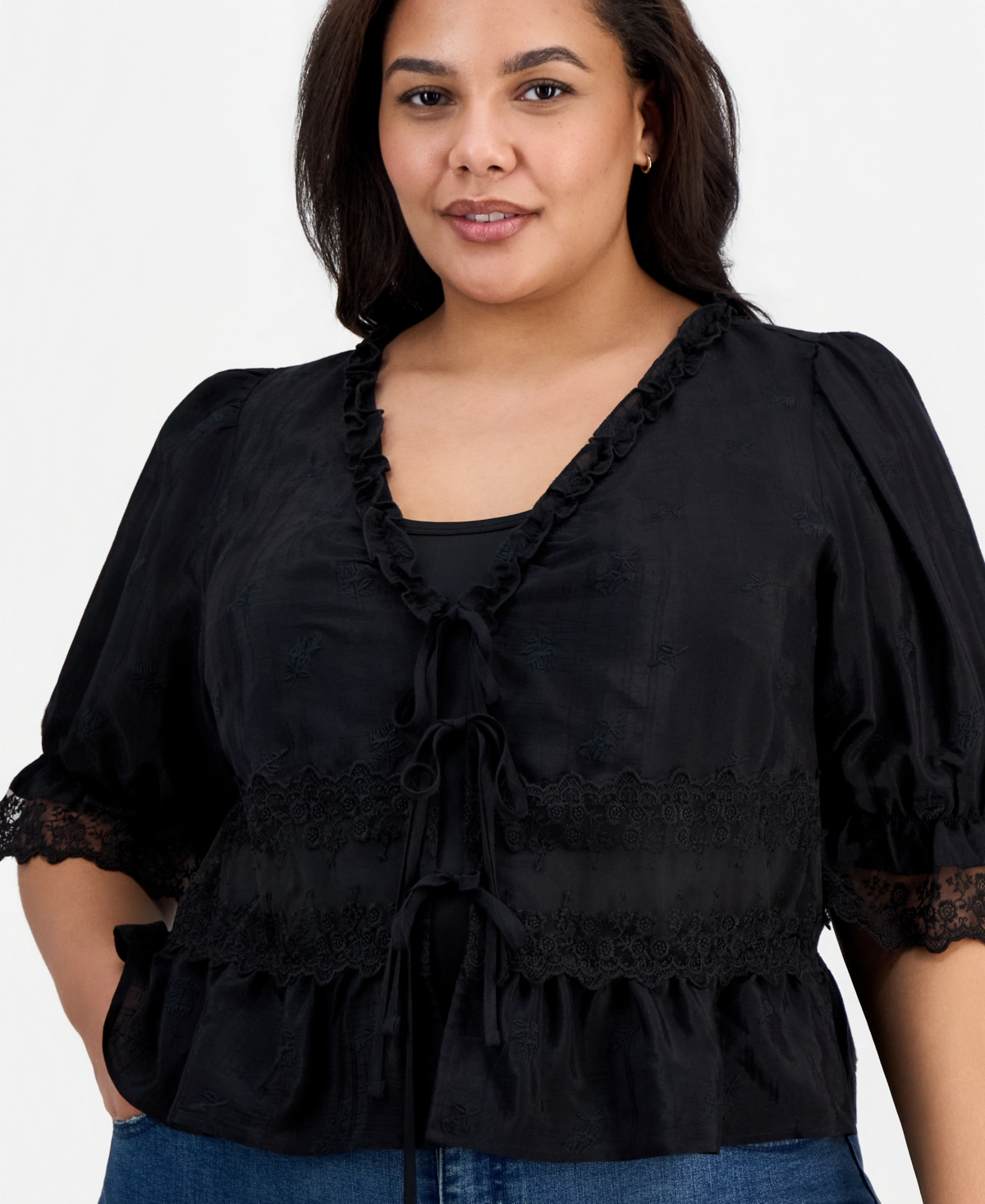 And Now This Trendy Plus Embroidered Mesh-Inset Tie-Front Top, Macy's Exclusive