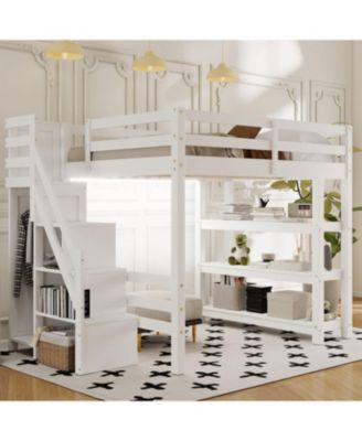 Loft Bed with Shelves Storage Stairs Wardrobe & LED