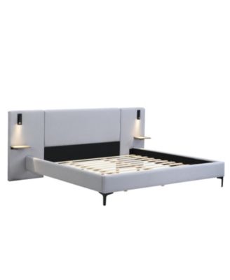 Chic Linen Upholstered Bed with Integrated Lights and Shelves King