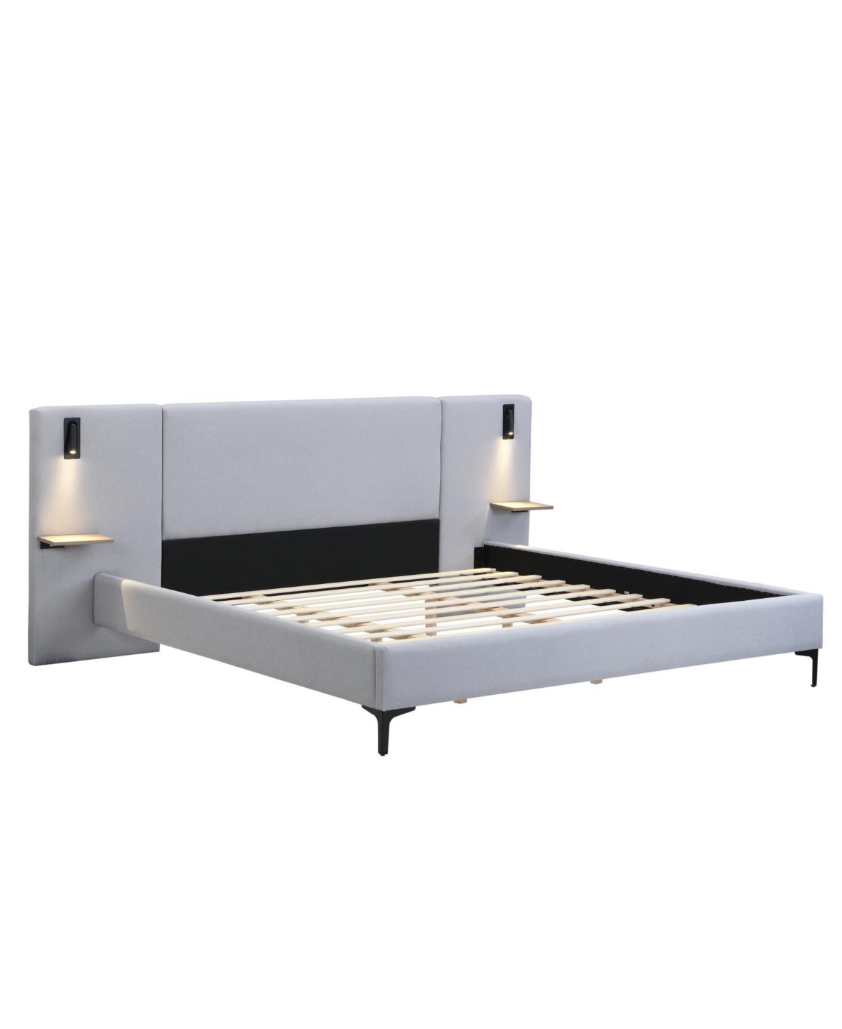 Streamdale Furniture Chic Linen Upholstered Bed with Integrated Lights and Shelves King