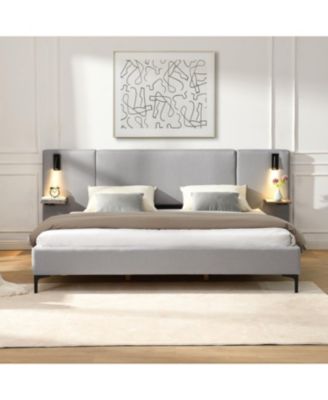 Chic Linen Upholstered Bed with Integrated Lights and Shelves King