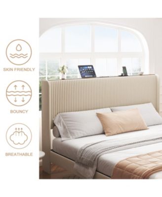 King Beige Platform Bed with Charging Station