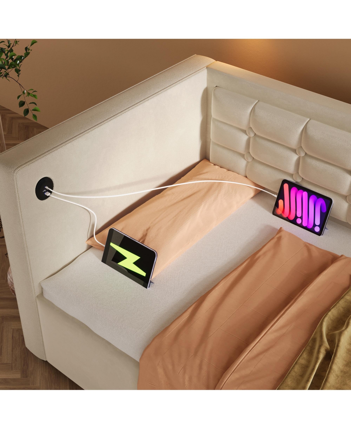 Streamdale Furniture Upholstered Twin Daybed with Hydraulic Storage, Usb Charging, Tufted Back, Beige Velvet