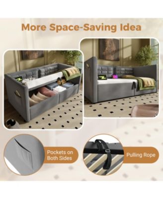  Upholstered Twin Daybed with Hydraulic Storage, USB Charging, Tufted Back, Gray Velvet