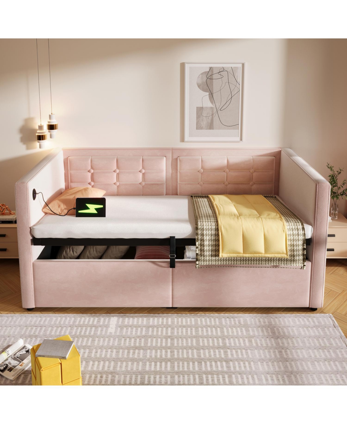 Streamdale Furniture Velvet Twin Daybed with Usb Charging & Storage