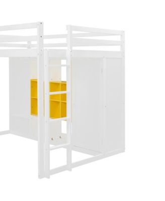Full Size Wood Loft Bed with Wardrobe, shelves and Cabinet