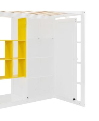 Twin Size Wood Loft Bed with Wardrobe, shelves and Cabinet