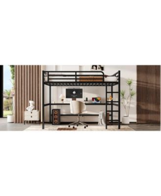  Metal Queen Loft Bed w/ Outlet & LED Light