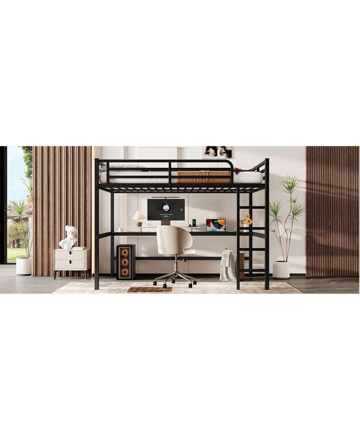 Streamdale Furniture Metal Queen Loft Bed w/ Outlet & Led Light