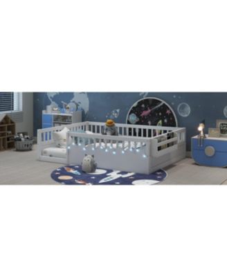 Montessori Floor Bed Frame, High Rails, Light & Shelf, White