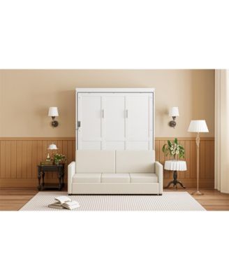 Full Size Murphy Bed Wall Bed with Cushion, White