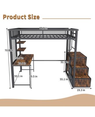 Loft Bed with Desk, USB, Drawers, Stairs & Storage - Black