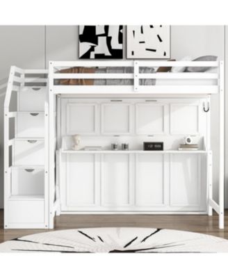 Full XL Loft Bed w/ Storage Stairs & Full Murphy Bed, LED