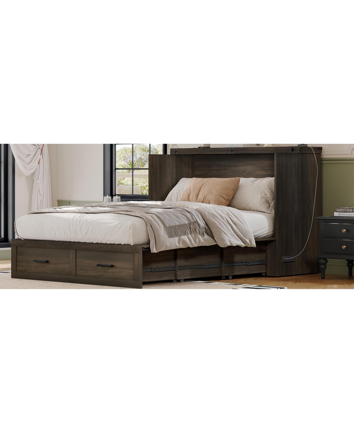 Streamdale Furniture Farmhouse Murphy Bed with Charging Station & Storage Drawer