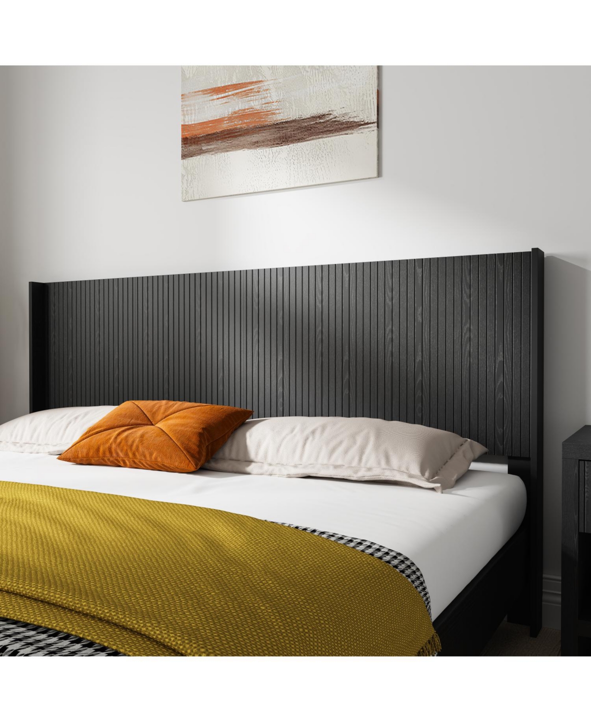 Streamdale Furniture Black Oak Queen Headboard - Fluted Panel, Modern Farmhouse