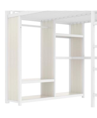 Queen Loft Bed Frame w/ Wardrobe, Desk & Shelves