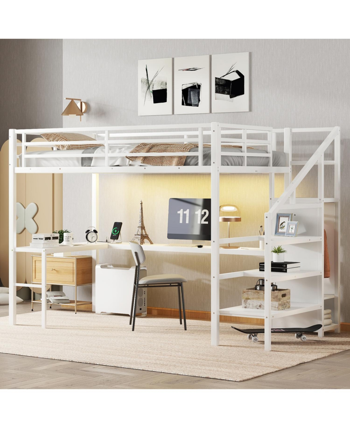 Streamdale Furniture Streamdale Twin Xl Loft Bed with Desk, Wardrobe, Usb & Led