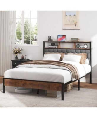 Wooden Platform Bed Frame w/ USB Ports & Storage - Brown