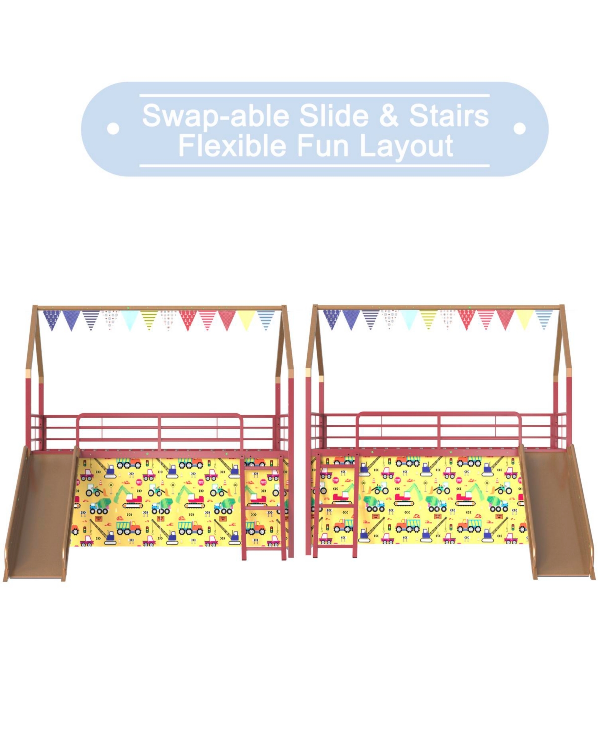 Streamdale Furniture Jack Metal Twin Loft Bed w/ Slide & Curtain - Super Hero Gold/Red