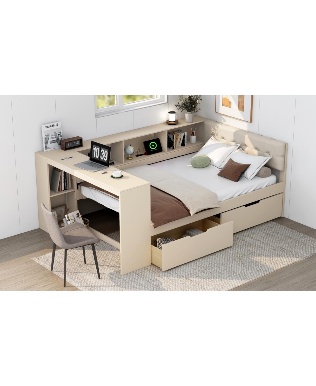 Streamdale Furniture Full Platform Bed with Storage, Charging Station, Cream