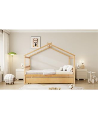  Wooden House Bed with Twin Trundle