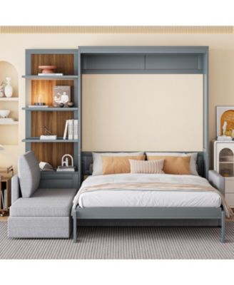 Queen Size Murphy Bed Wall Bed with Sofa and Shelves,Gray