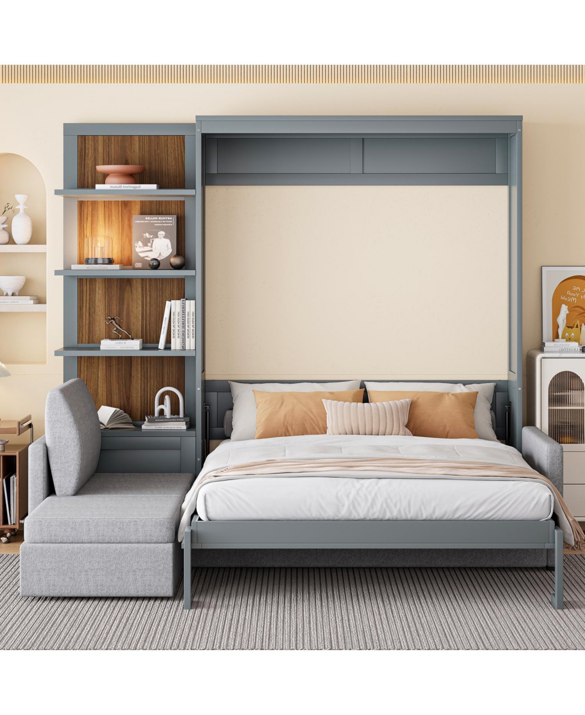 Streamdale Furniture Queen Size Murphy Bed Wall Bed with Sofa and Shelves,Gray