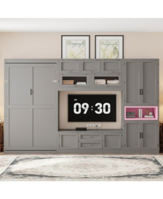 Streamdale Twin Gray Wooden Murphy Bed with TV Stand, Drawers & Shelves