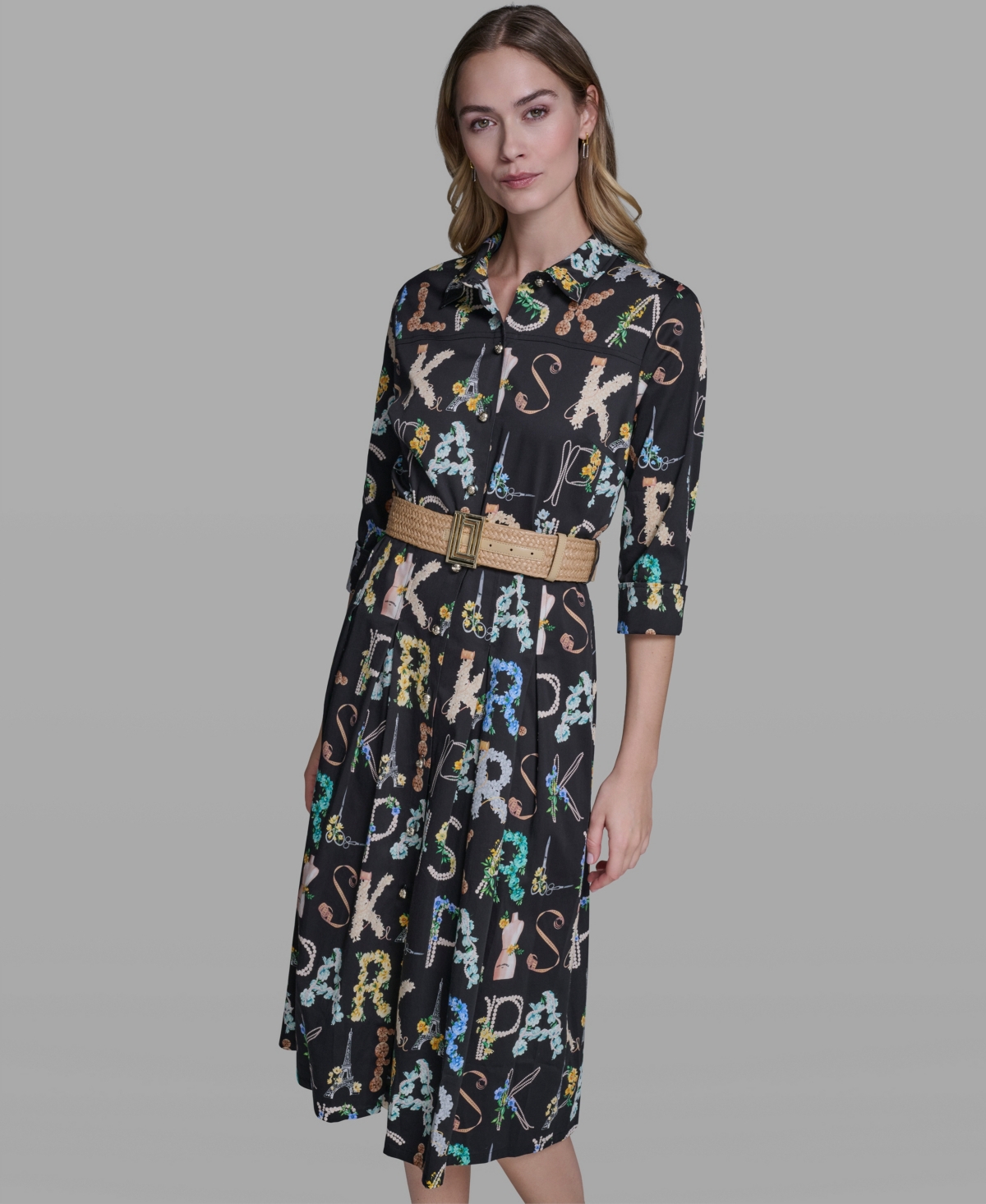 Karl Lagerfeld Paris Women's Allover Print Belted Collared Shirt Dress