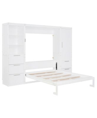 Queen Murphy Bed with Closet, Drawers & Shelves - White