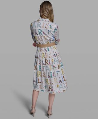 Women's Allover Print Belted Collared Shirt Dress