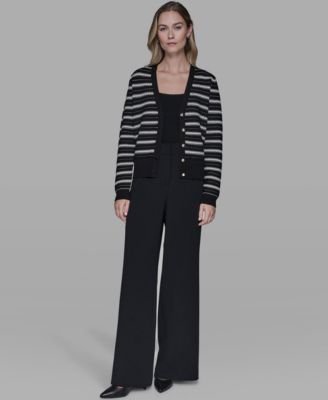 Women's Pointelle Stripe V-Neck Cardigan Sweater