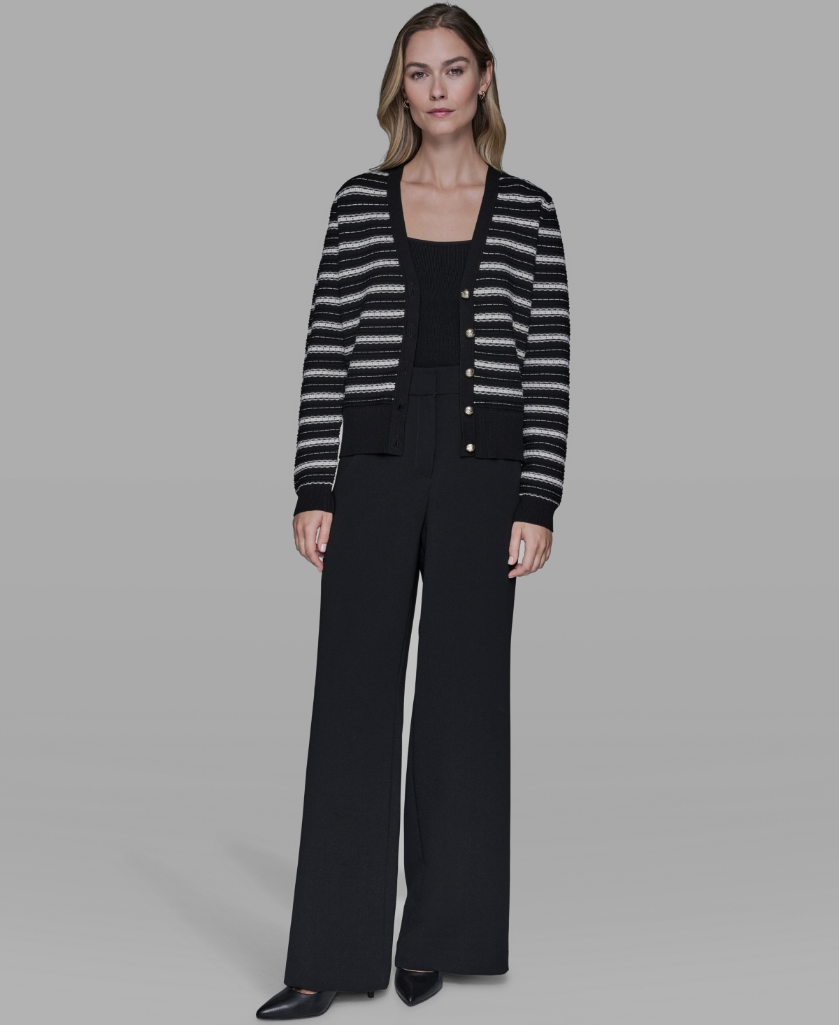 Karl Lagerfeld Paris Women's Pointelle Stripe V-Neck Cardigan Sweater