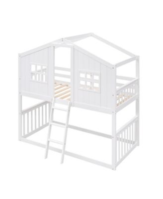 Twin Over Twin House Bunk Bed With Ladder, Wood Bed