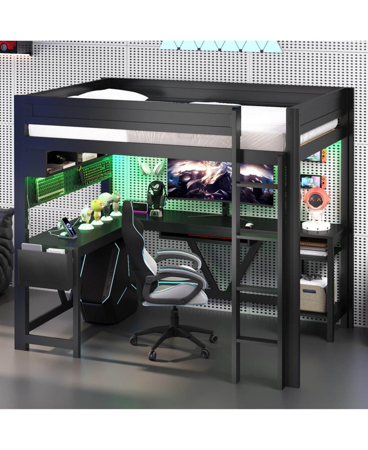 Streamdale Furniture Full Black Gaming Loft Bed with Desk, Led Lights & Charging Station
