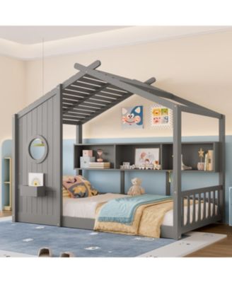 Twin Floor House Bed Toddler, Montessori Bed with Shelf, Playhouse Bed