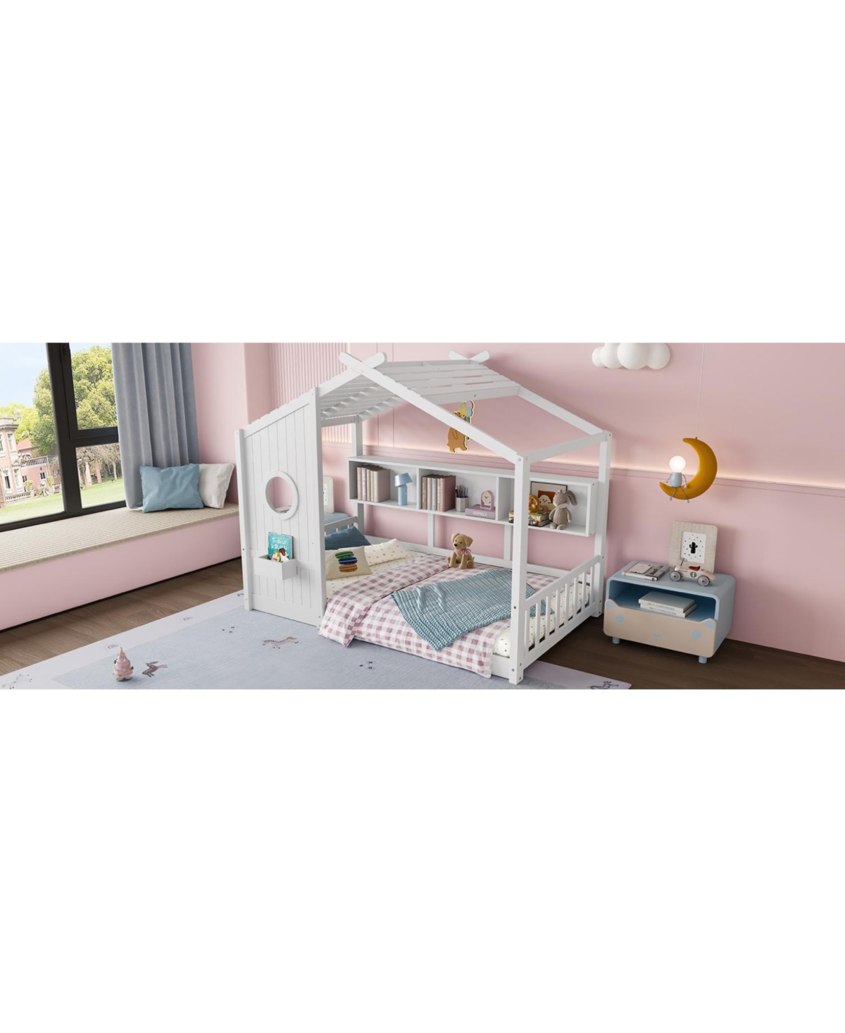 Streamdale Furniture Twin Floor House Bed Toddler, Montessori with Shelf, Playhouse Bed, Gray