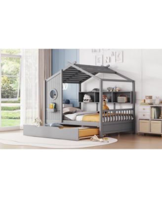Wooden Full Size House Bed with Trundle & Shelf