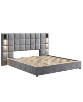 California King Upholstered Bed Frame, Sconce, USB, Velvet, Gray