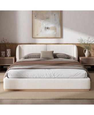 Boucle Wingback Bed Frame, Solid Wood Base