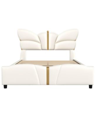 Upholstered PU Leather Bed Frame, Butterfly Headboard, Gold Metal.